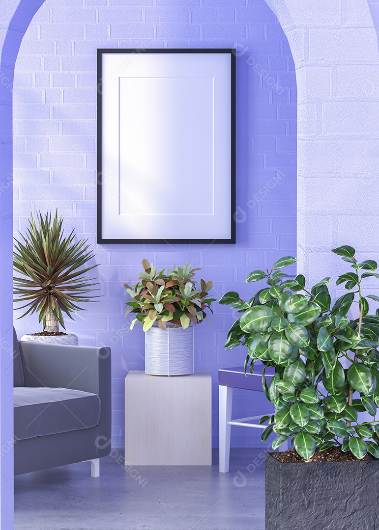 Molduras para fotos de maquete de ilustração 3D na parede da sala de estar, interior de estilo escandinavo com móveis aconchegantes e planta de casa no conceito de decoração natural, renderização