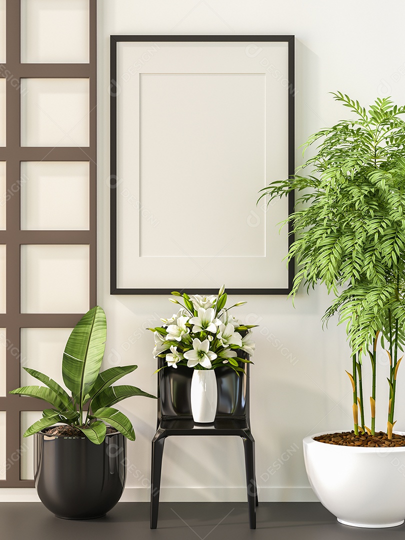 Moldura de foto de maquete de ilustração 3D na bela parede na sala da galeria ou no salão do lugar de luxo, decorada com ornamento de conceito, renderização