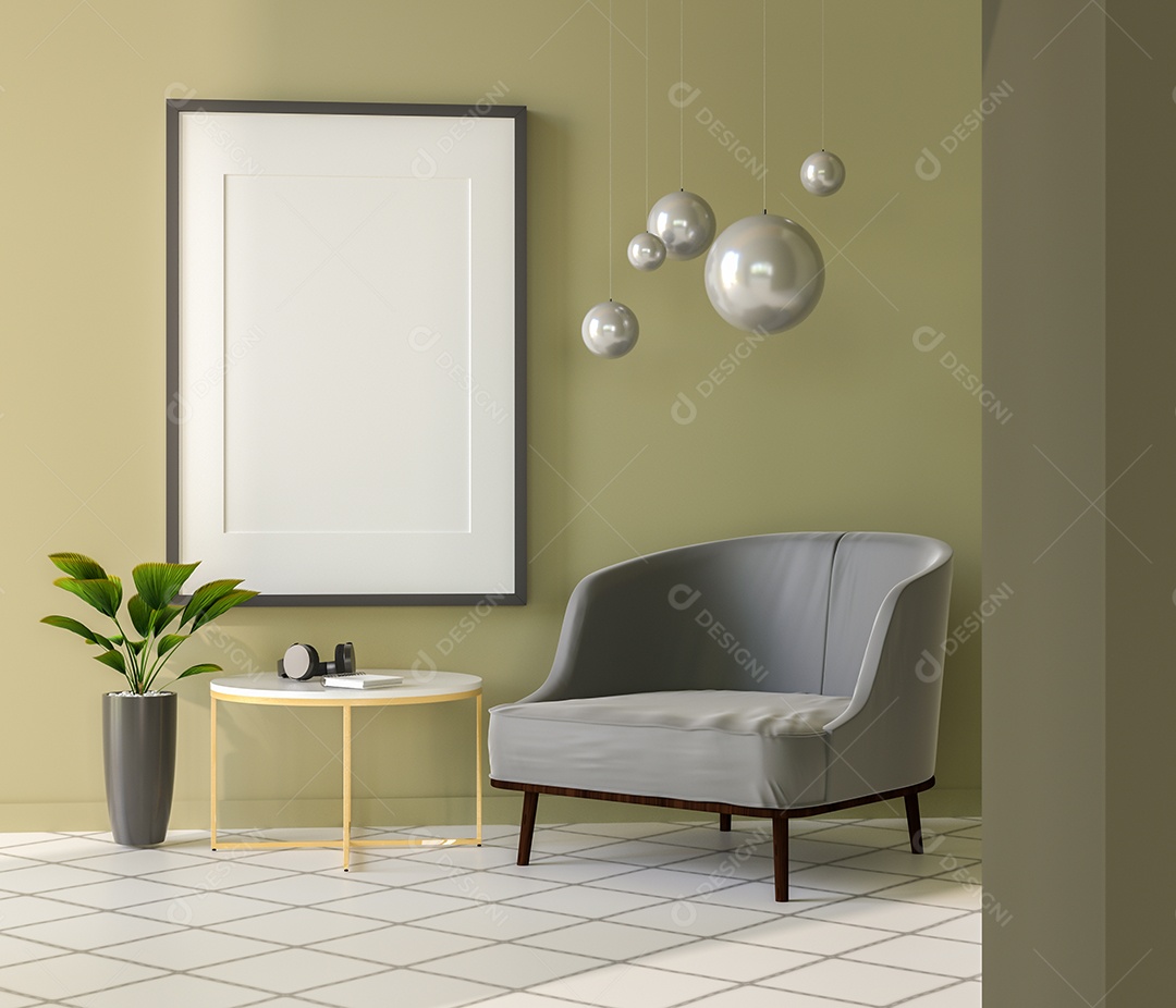 Molduras para fotos de maquete de ilustração 3D na parede da sala de estar, interior de estilo escandinavo com móveis aconchegantes e planta de casa no conceito de decoração natural, renderização