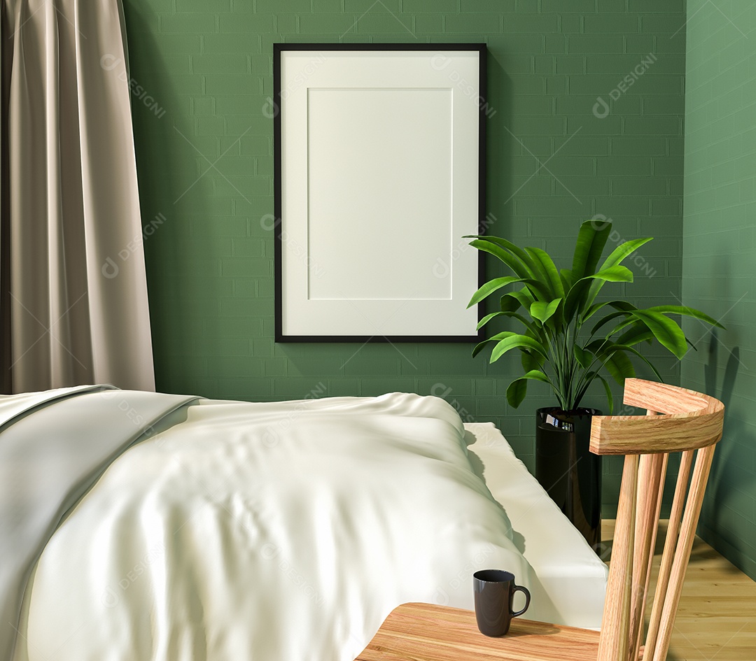 Ilustração 3D Mock up poster frame no interior do quarto, Decorado com móveis bonitos e confortáveis, Renderização