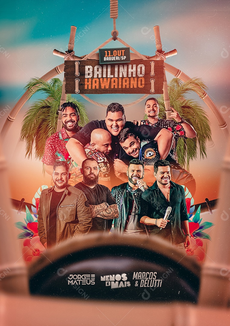 Bailinho Hawaiano Jorge e Mateus Menos é mais e Marcos e Belutti Flyers Social Media PSD Editável