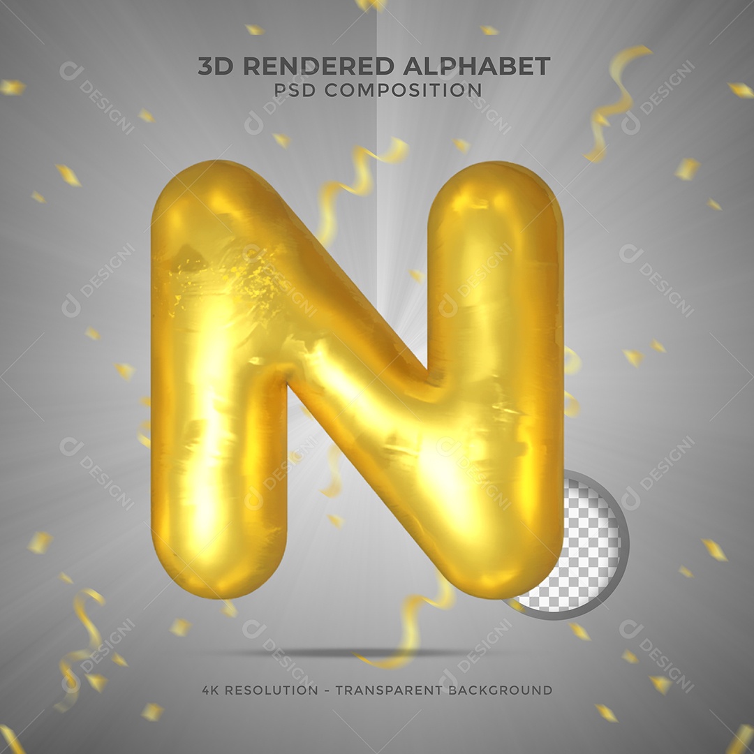 Letra N Maiúscula Dourada Ilustração 3D PSD