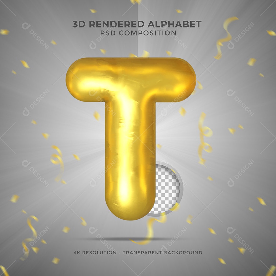 Letra T Maiúscula Dourada Ilustração 3D PSD
