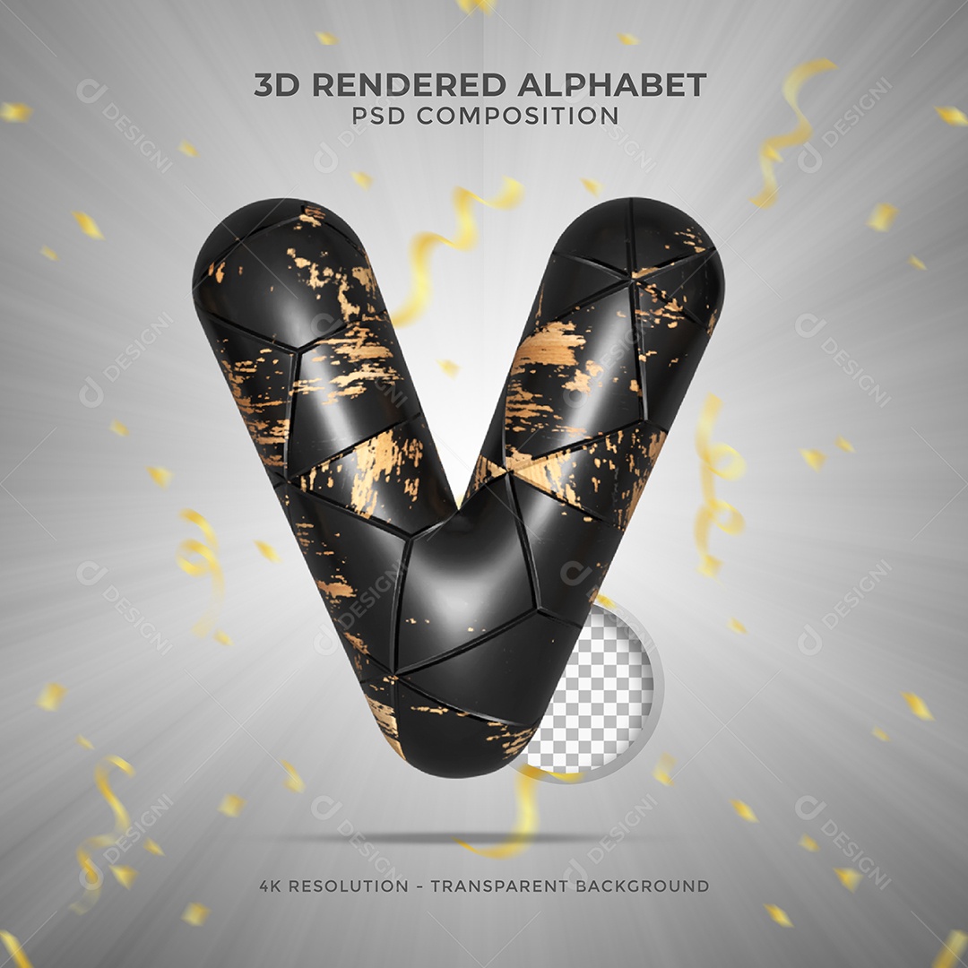 Letra V Maiúscula Preto sujo de tintas Ilustração 3D PSD
