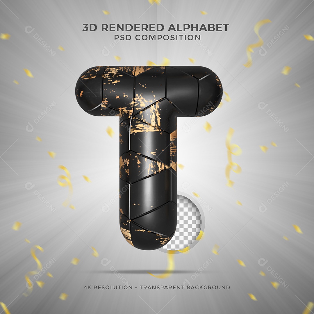 Letra T Maiúscula Preto sujo de tintas Ilustração 3D PSD
