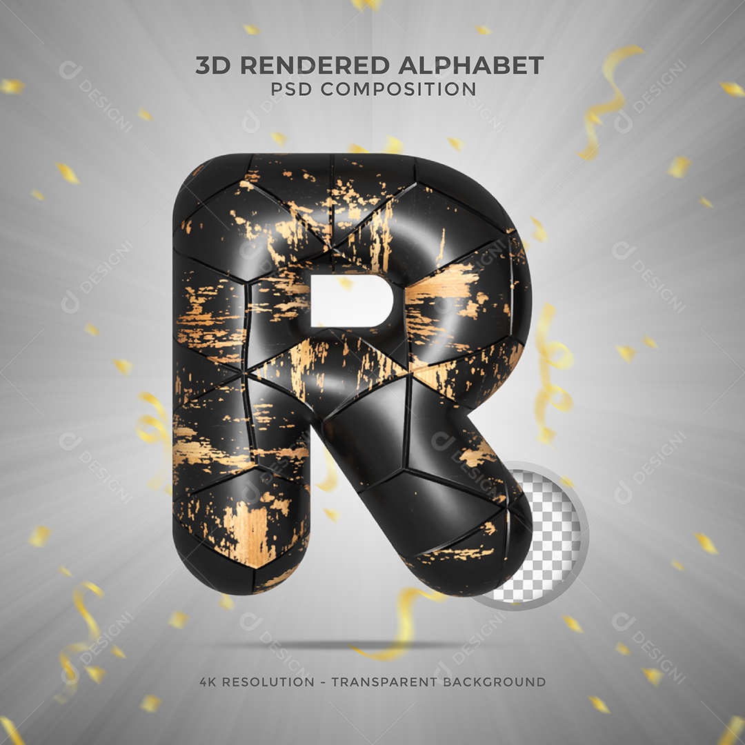 Letra R Maiúscula Preto sujo de tintas Ilustração 3D PSD