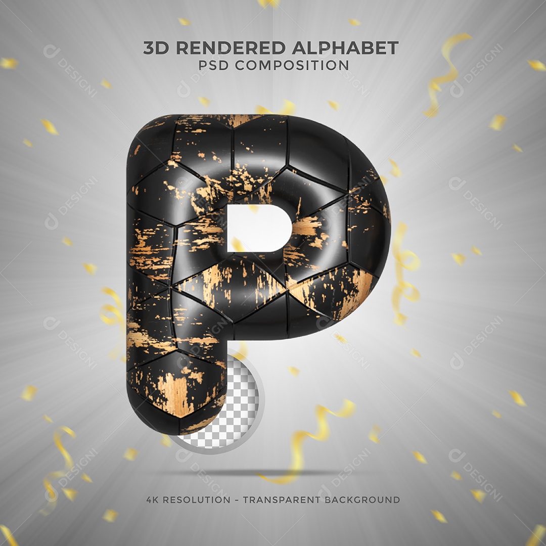 Letra P Maiúscula Preto sujo de tintas Ilustração 3D PSD