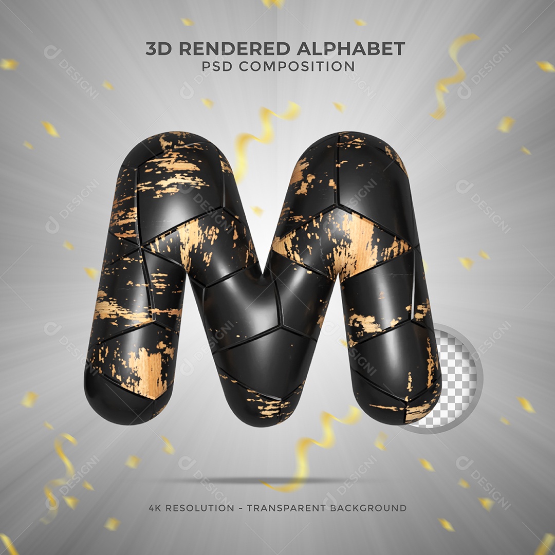 Letra M Maiúscula Preto sujo de tintas Ilustração 3D PSD