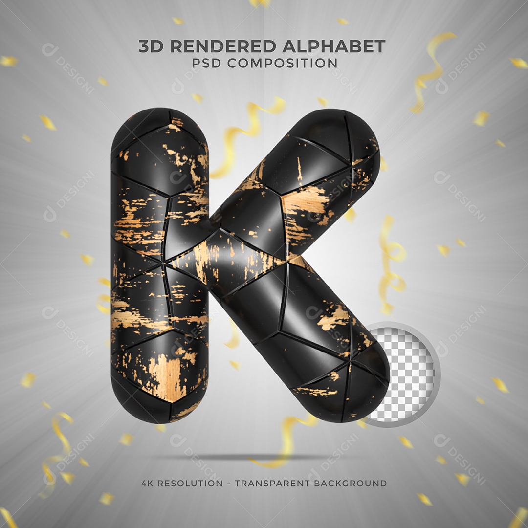 Letra K Maiúscula Preto sujo de tintas Ilustração 3D PSD