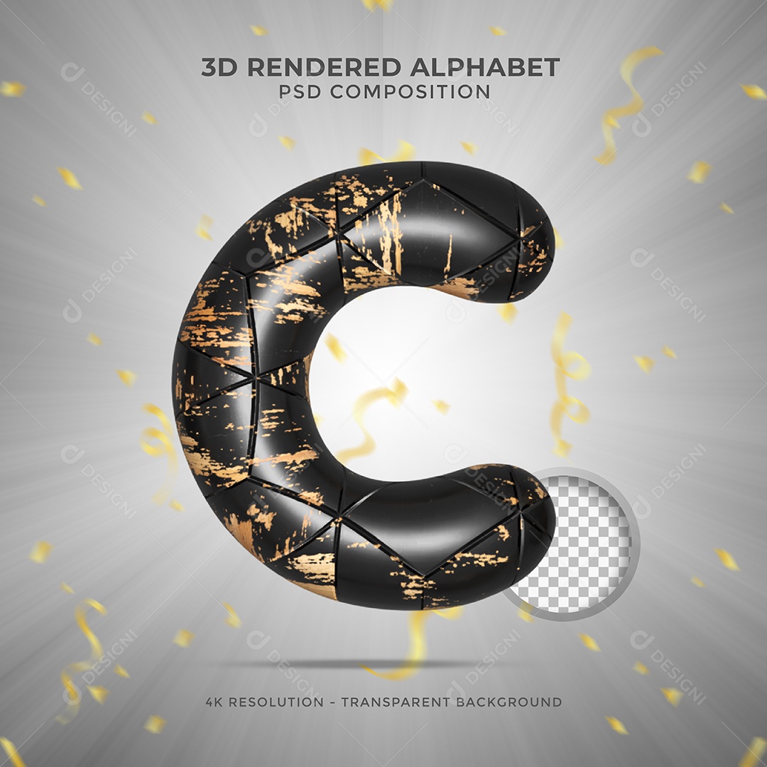 Letra C Maiúscula Preto sujo de tintas Ilustração 3D PSD