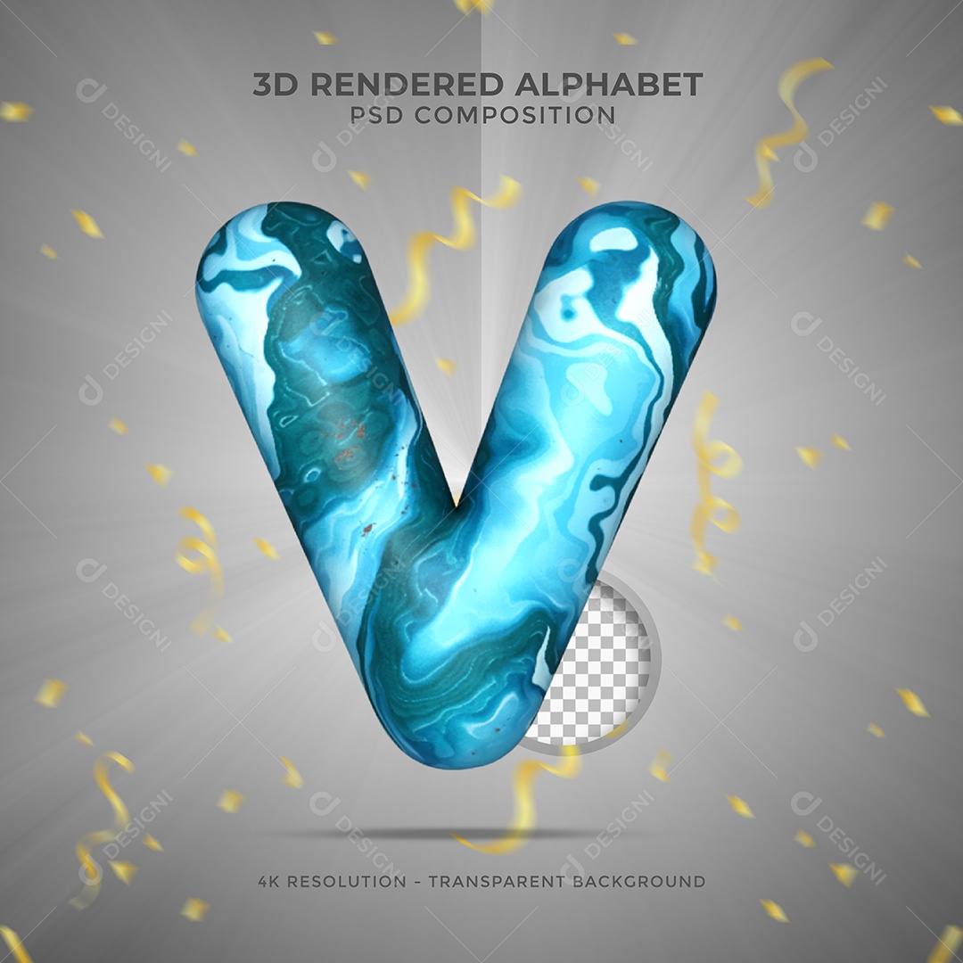 Letra V Maiúscula texturalizada com Água e tinta azul Ilustração 3D PSD
