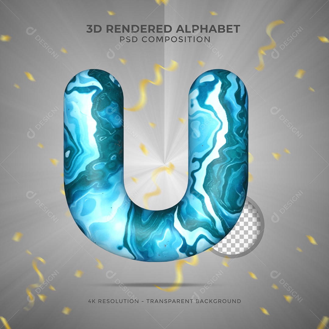 Letra U Maiúscula texturalizada com Água e tinta azul Ilustração 3D PSD
