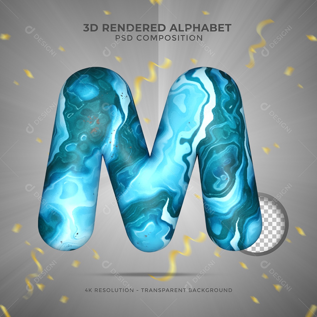 Letra M Maiúscula texturalizada com Água e tinta azul Ilustração 3D PSD