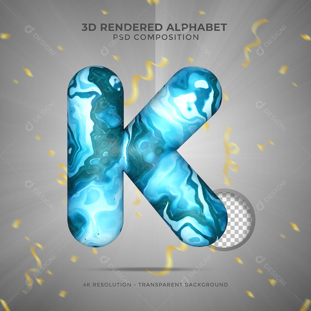 Letra K Maiúscula texturalizada com Água e tinta azul Ilustração 3D PSD