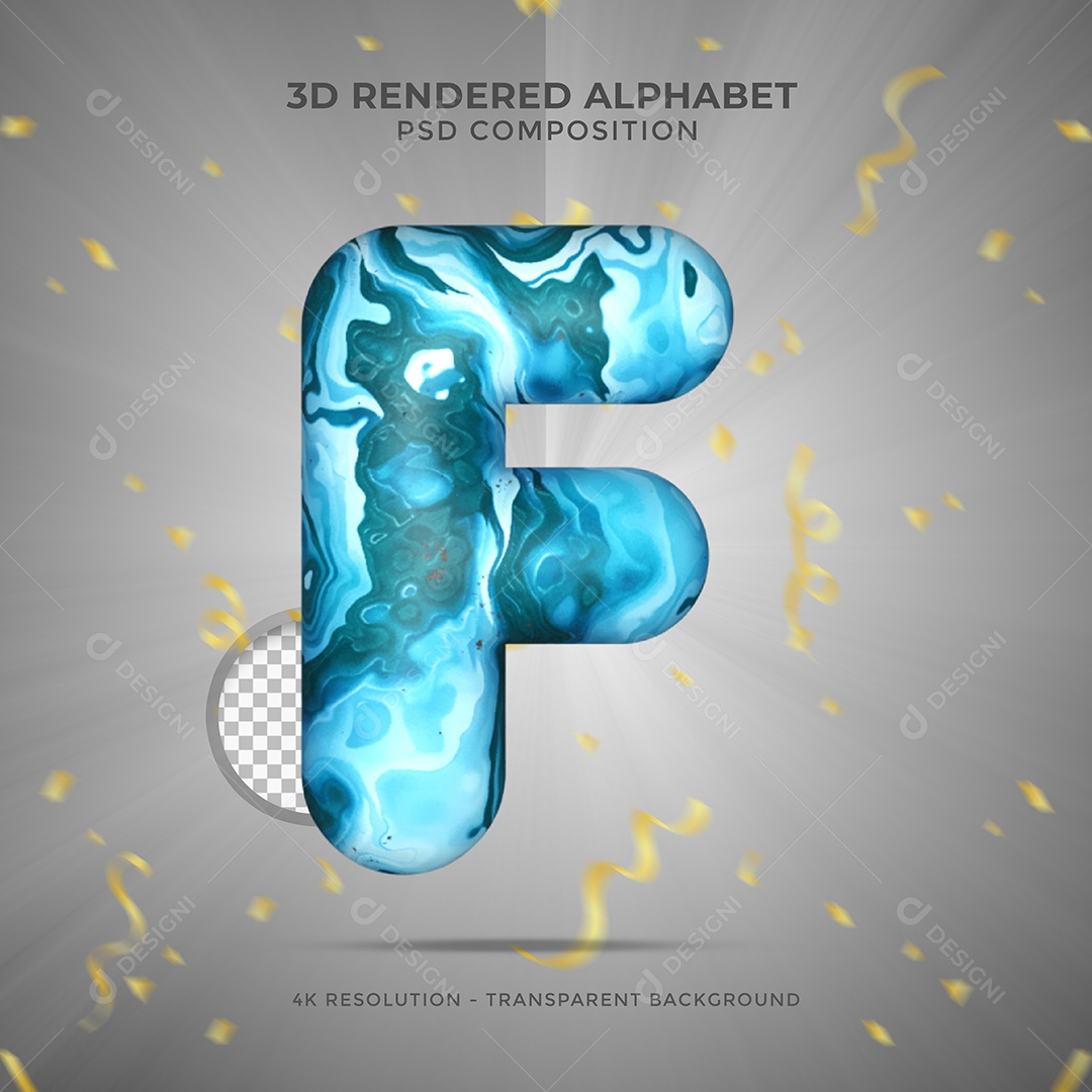 Letra F Maiúscula texturalizada com Água e tinta azul Ilustração 3D PSD