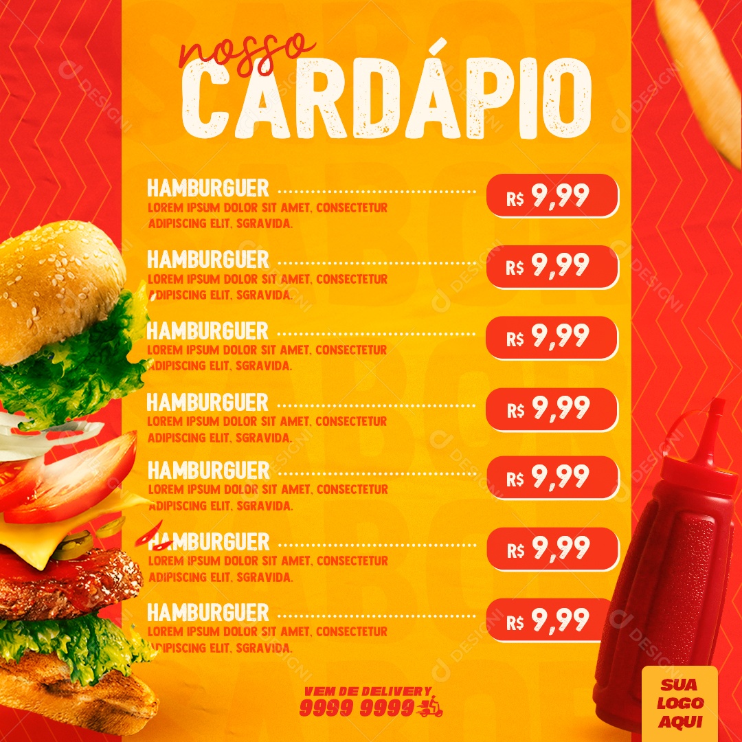 Nosso Cardápio De Hamburgueres Promoções Social Media PSD Editável
