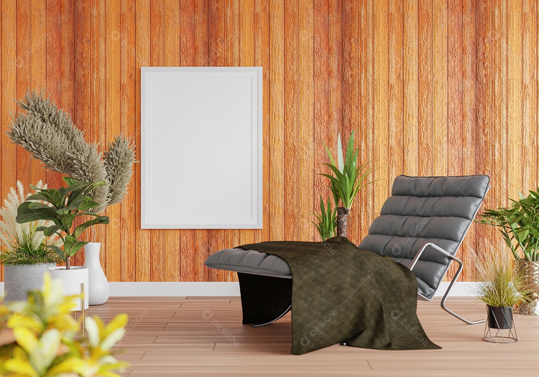 Molduras para fotos de maquete de ilustração 3D na parede da sala de estar, interior de estilo escandinavo com móveis aconchegantes e planta de casa no conceito de decoração natural, renderização