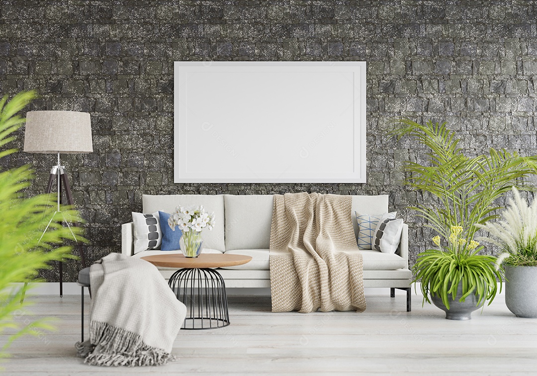 Molduras para fotos de maquete de ilustração 3D na parede da sala de estar, interior de estilo escandinavo com móveis aconchegantes e planta de casa