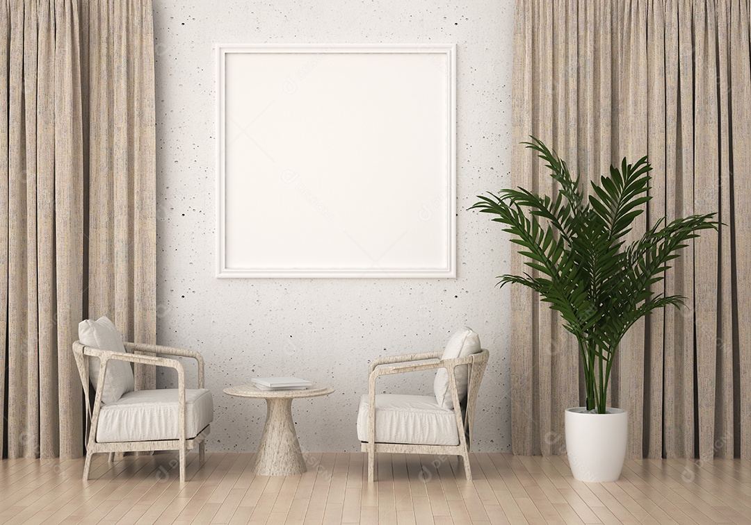 Molduras para fotos de maquete de ilustração 3D na parede da sala de estar, interior de estilo escandinavo com conceito de decoração de móveis aconchegante