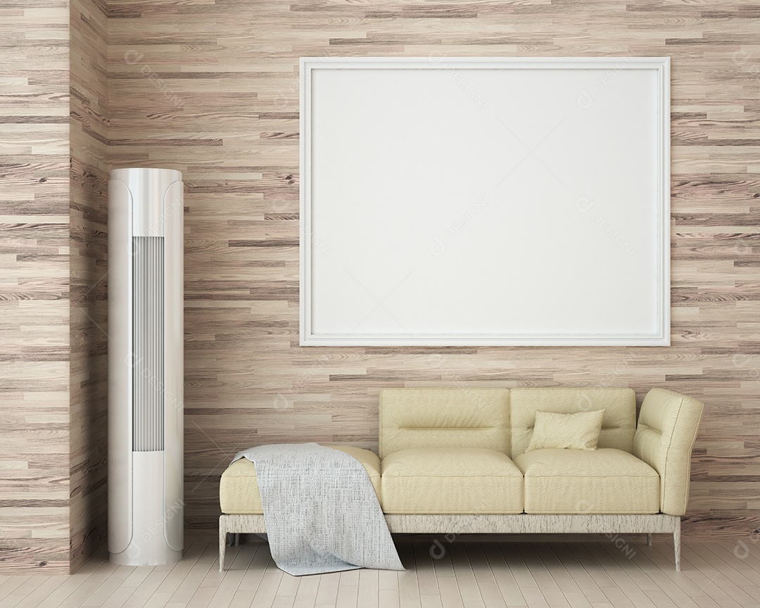 Molduras para fotos de maquete de ilustração 3D na parede da sala de estar, interior de estilo escandinavo com conceito de decoração de móveis aconchegante