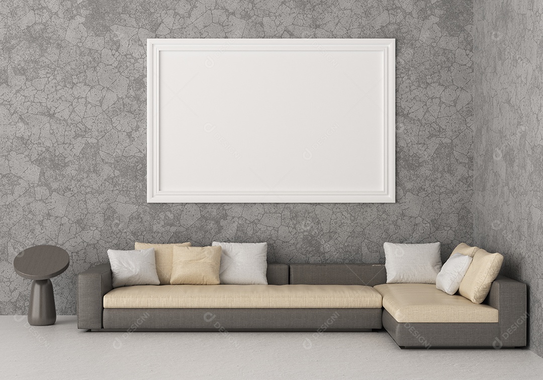 Molduras para fotos de maquete de ilustração 3D na parede da sala de estar, interior de estilo escandinavo com conceito de decoração de móveis aconchegante