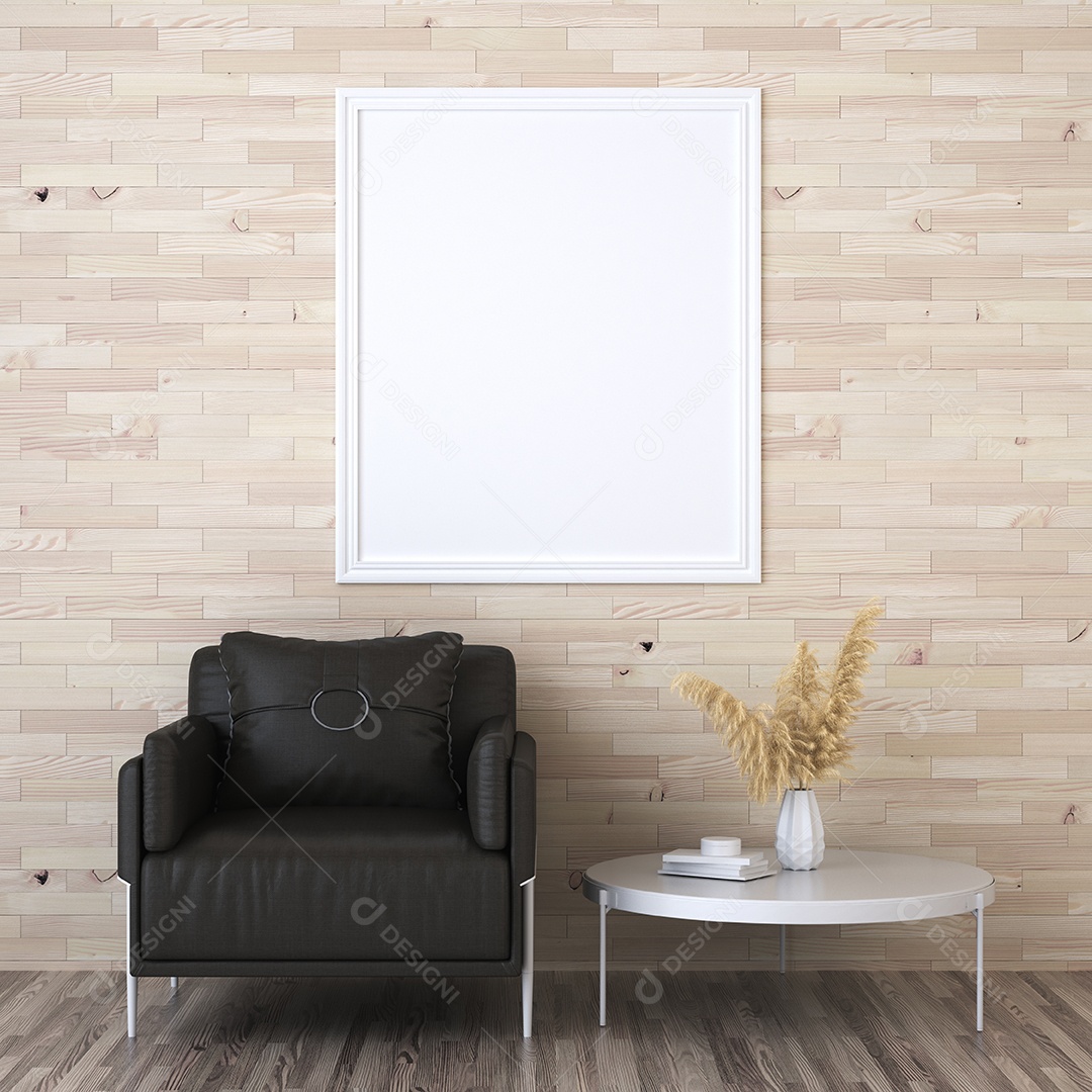 Molduras para fotos de maquete de ilustração 3D na parede da sala de estar, interior de estilo escandinavo com conceito de decoração de móveis aconchegante, renderização