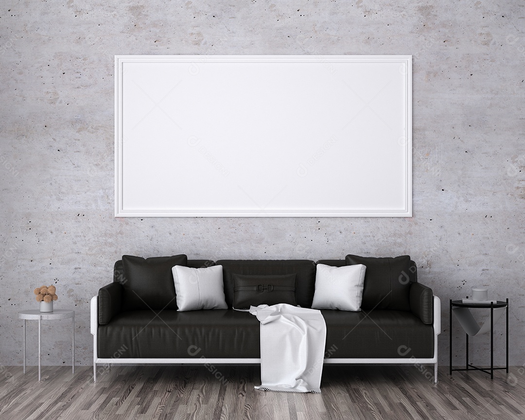 Molduras para fotos de maquete de ilustração 3D na parede da sala de estar, interior de estilo escandinavo com conceito de decoração de móveis aconchegante, renderização