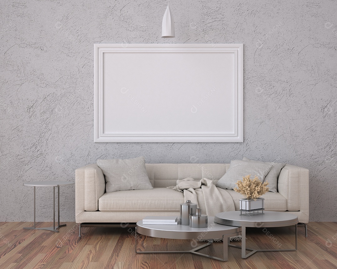 Molduras para fotos de maquete de ilustração 3D na parede da sala de estar, interior de estilo escandinavo com conceito de decoração de móveis aconchegante, renderização