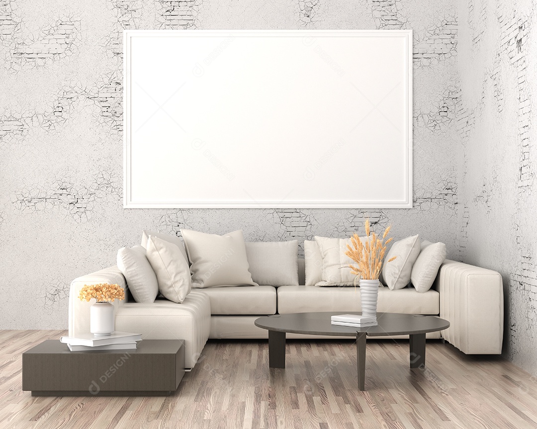 Molduras para fotos de maquete de ilustração 3D na parede da sala de estar, interior de estilo escandinavo com conceito de decoração de móveis aconchegante, renderização