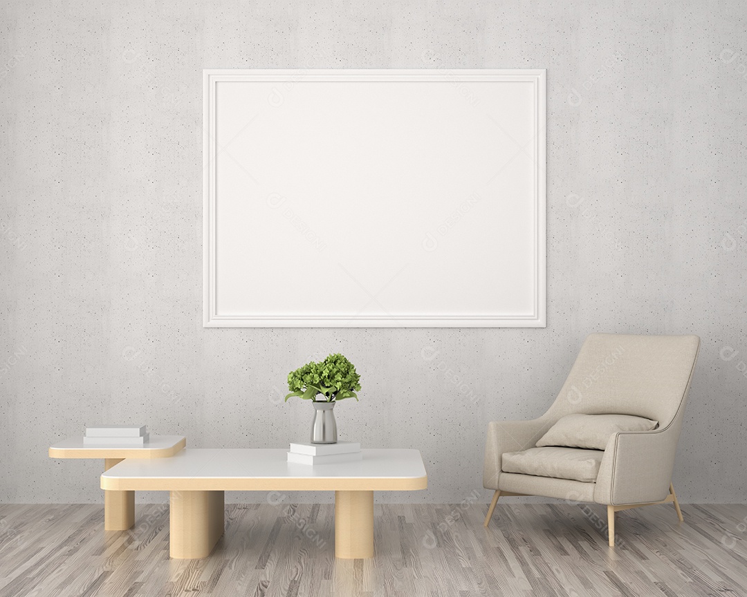 Molduras para fotos de maquete de ilustração 3D na parede da sala de estar, interior de estilo escandinavo com conceito de decoração de móveis aconchegante, renderização