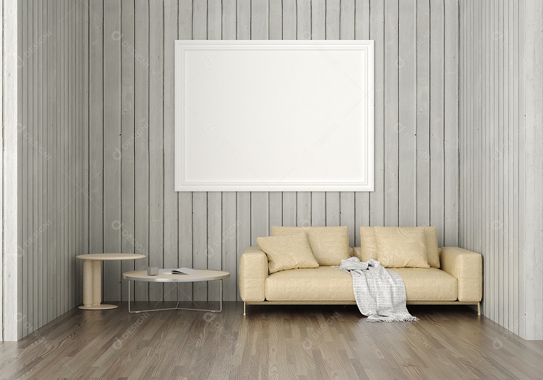 Molduras para fotos de maquete de ilustração 3D na parede da sala de estar, interior de estilo escandinavo com conceito de decoração de móveis aconchegante, renderização