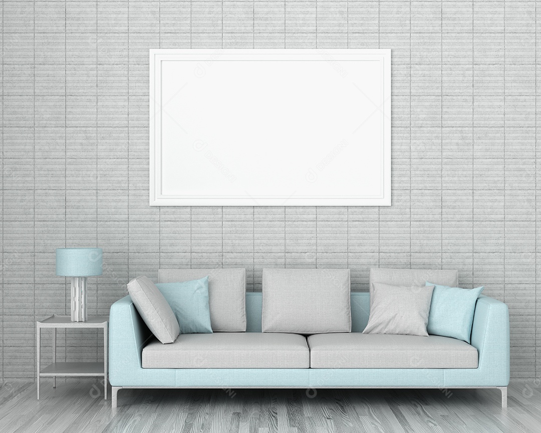 Molduras para fotos de maquete de ilustração 3D na parede da sala de estar, interior de estilo escandinavo com conceito de decoração de móveis aconchegante, renderização