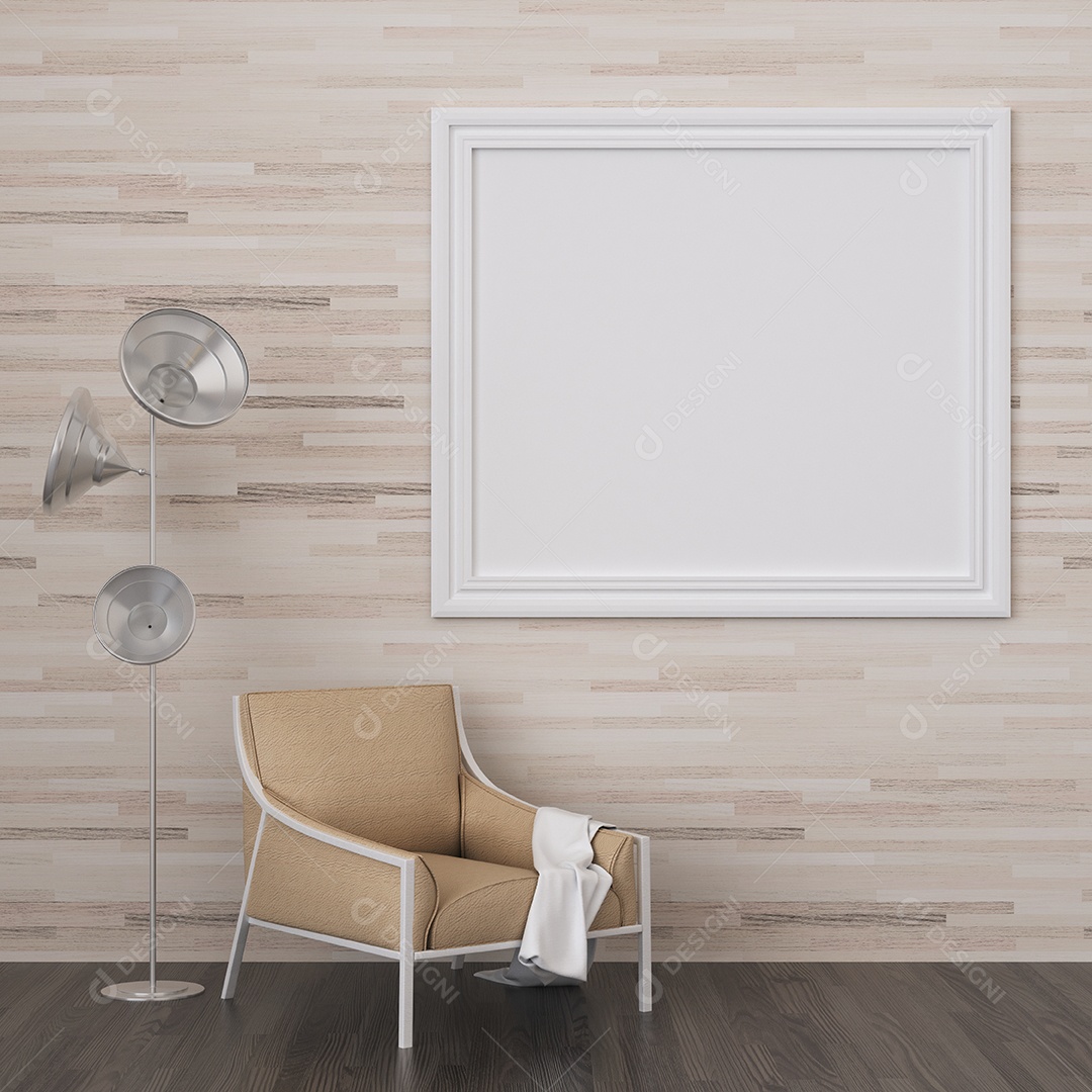 Molduras para fotos de maquete de ilustração 3D na parede da sala de estar, interior de estilo escandinavo com conceito de decoração de móveis aconchegante, renderização