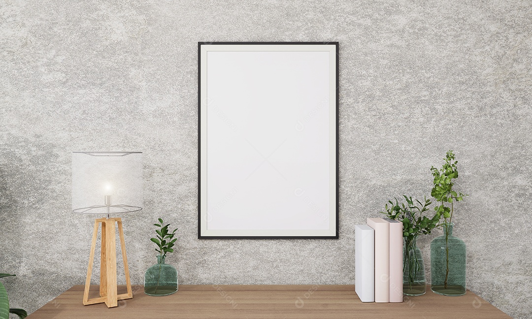 Ilustração 3D, moldura Mockup na parede da sala de estar, Interior com planta de casa, vasos e belos móveis, renderização