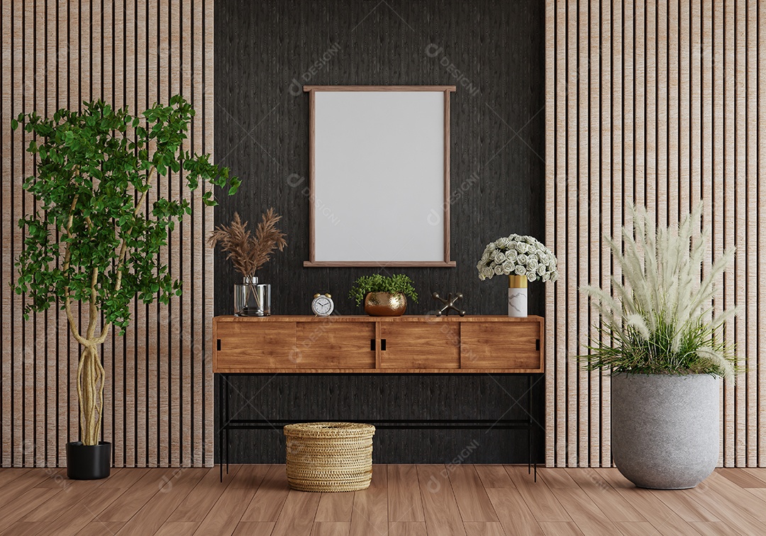 Ilustração 3D, moldura Mockup na parede da sala de estar, Interior com planta de casa, vasos e belos móveis, renderização