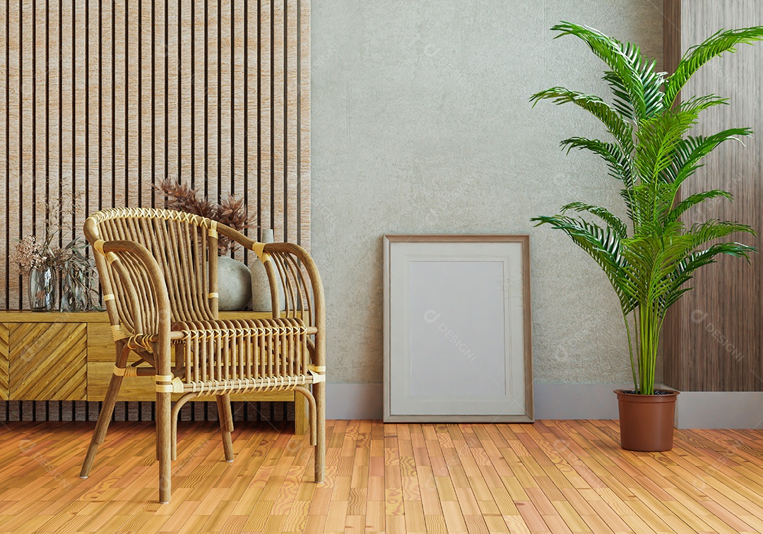 Ilustração 3D, moldura Mockup na parede da sala de estar, Interior com planta de casa, vasos e belos móveis, renderização