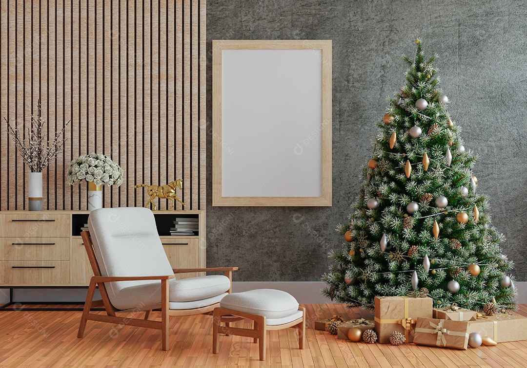Ilustração 3D, moldura Mockup na parede da sala de estar, Interior com belos móveis no tema natal, renderização