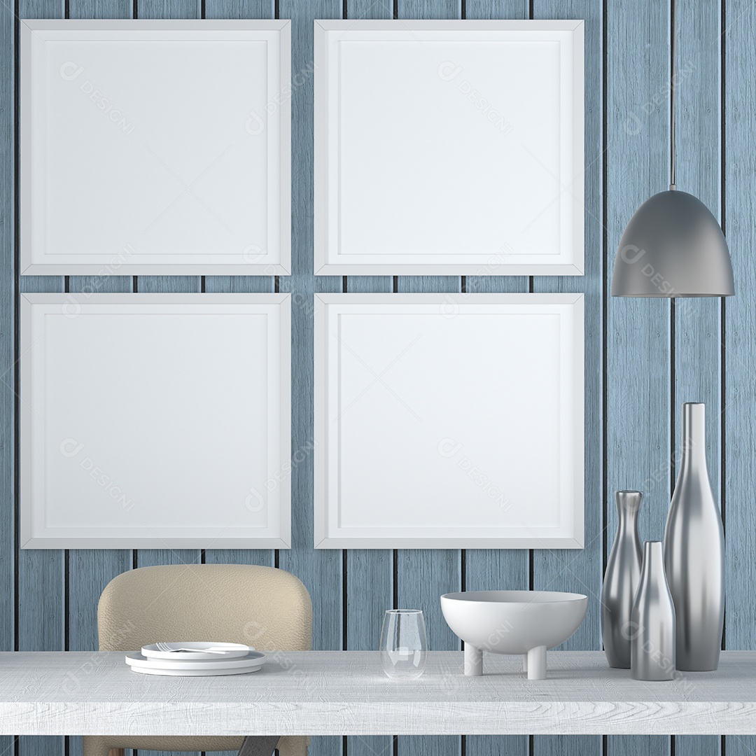 Mock up de moldura de cartaz no topo interior moderno de piso de madeira da mesa na sala de estar isolada na luz de fundo, renderização 3D, ilustração 3D