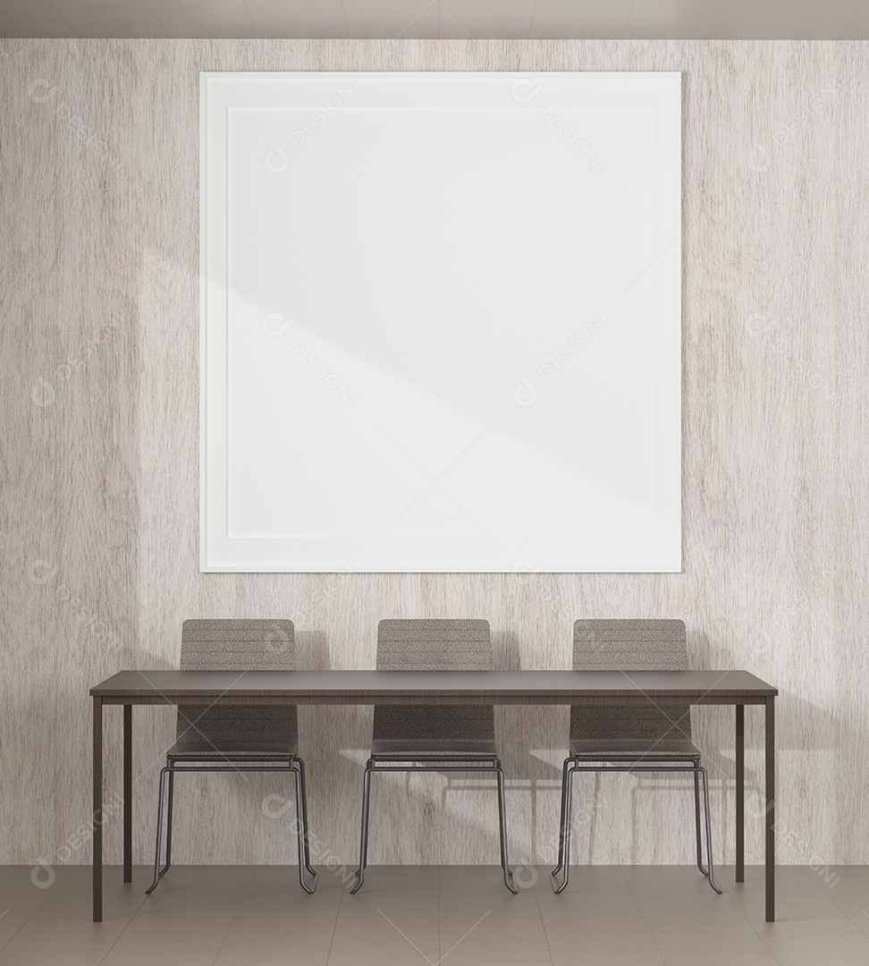 Mock up de moldura de cartaz no topo interior moderno de piso de madeira da mesa na sala de estar isolada na luz de fundo, renderização 3D, ilustração 3D