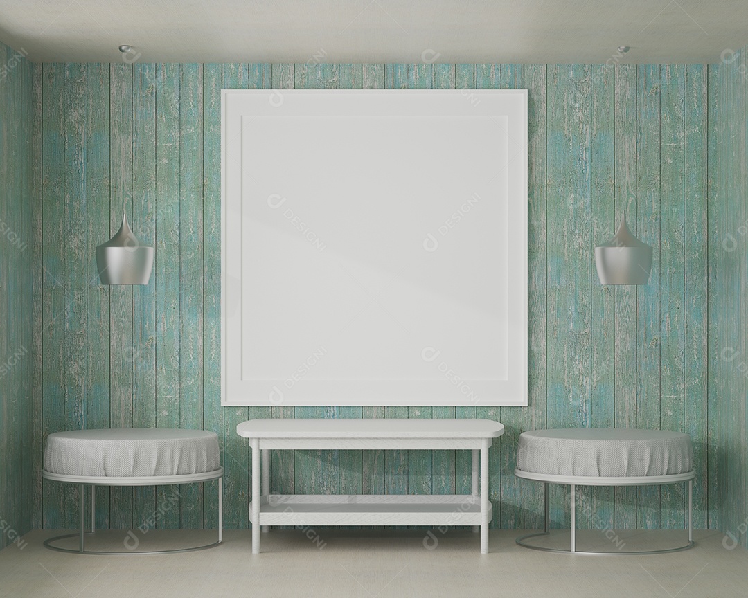 Mock up de moldura de cartaz no topo interior moderno de piso de madeira da mesa na sala de estar isolada na luz de fundo, renderização 3D, ilustração 3D