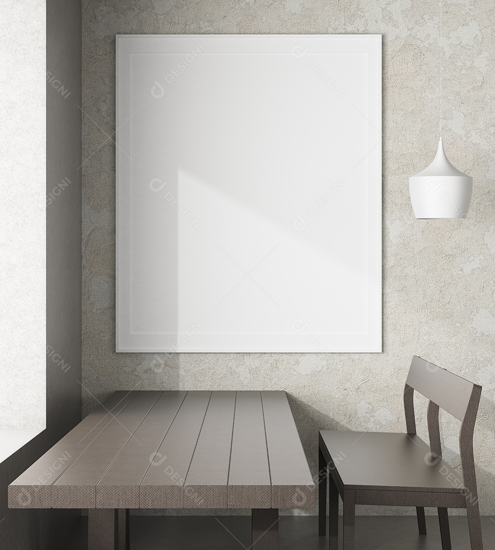 Mock up de moldura de cartaz no topo interior moderno de piso de madeira da mesa na sala de estar isolada na luz de fundo, renderização 3D, ilustração 3D