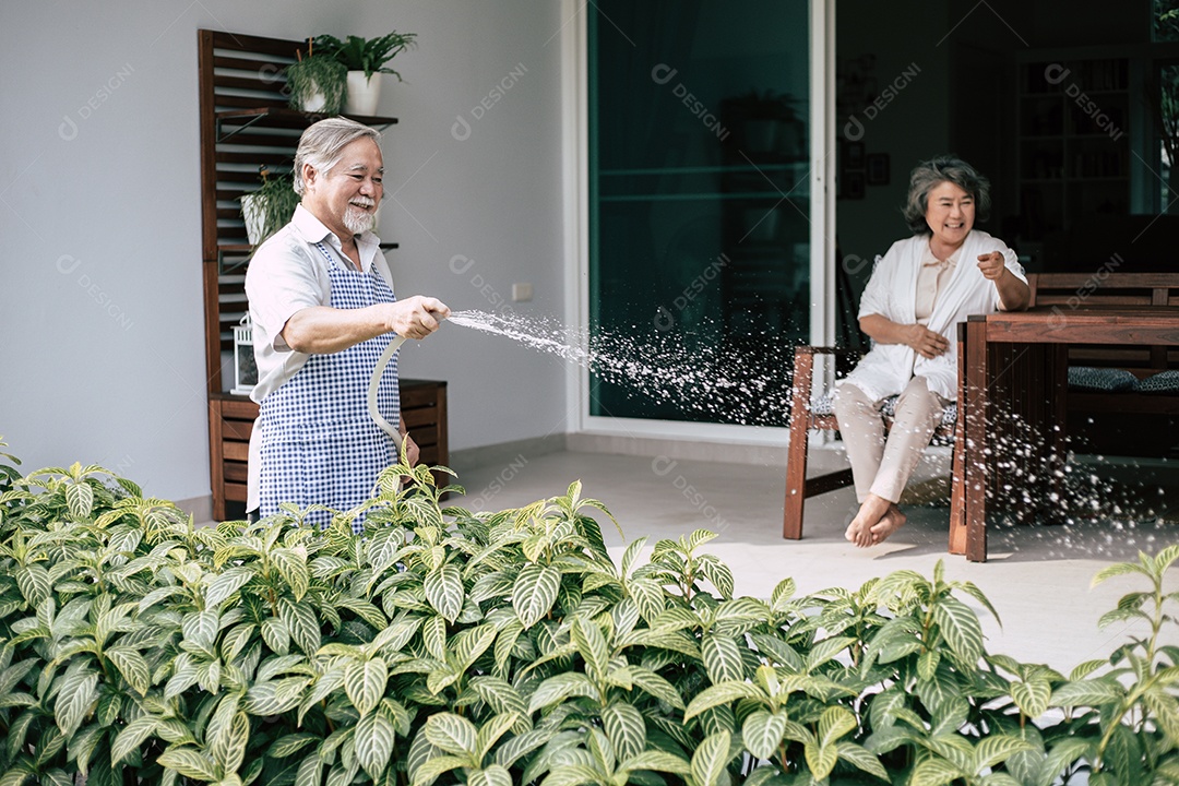 Casal de idosos regando uma flor no jardim de casa