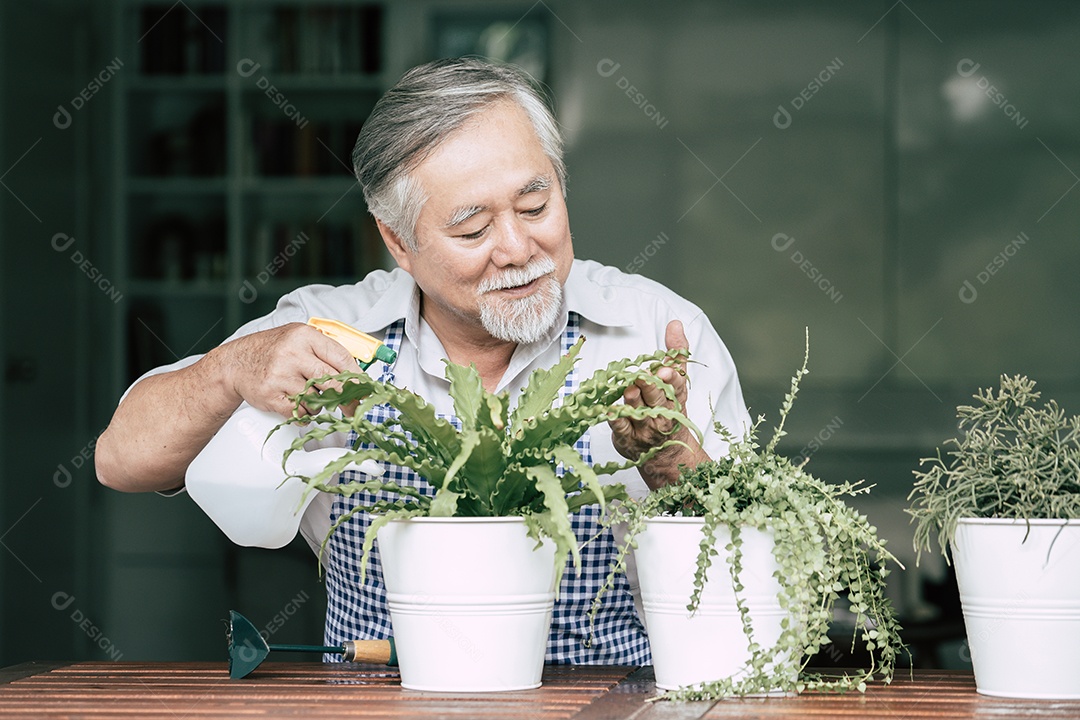 Homem sênior plantar uma árvore em casa