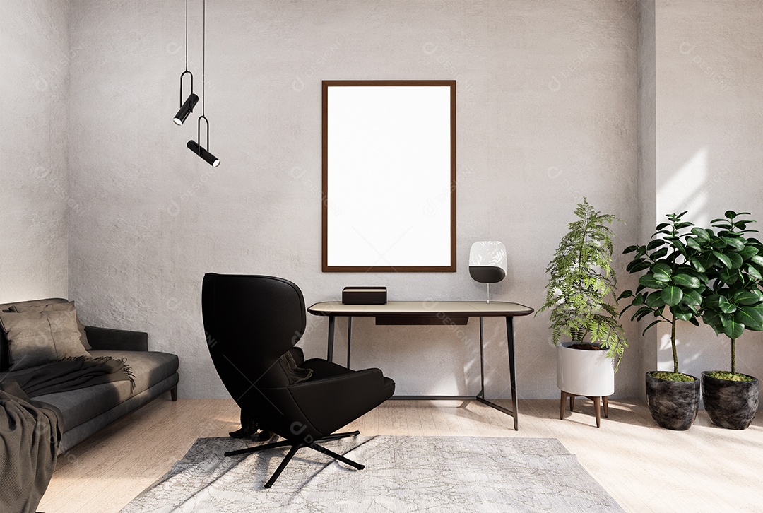 Molduras para fotos de maquete de ilustração 3D na parede sobre a mesa na sala de estar, decorada com sofá e planta de casa, luz solar da janela, renderização