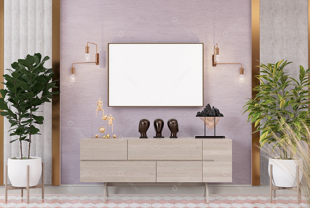 Molduras para fotos em branco de maquete de ilustração 3D na parede da sala de estar ou showroom, Interior com belos móveis e decoração com planta de casa, renderização