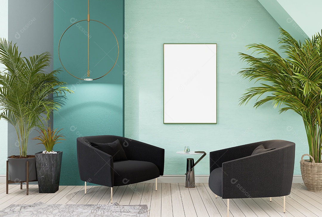 Ilustração 3D, moldura de maquete na parede da sala de estar, interior confortável com poltrona de luxo e belos móveis de design moderno, renderização