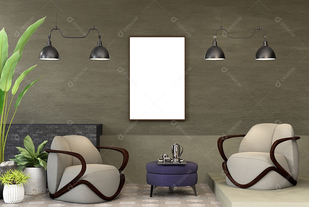 Ilustração 3D, moldura de maquete na parede da sala de estar, interior confortável com sofá de luxo e móveis bonitos, renderização