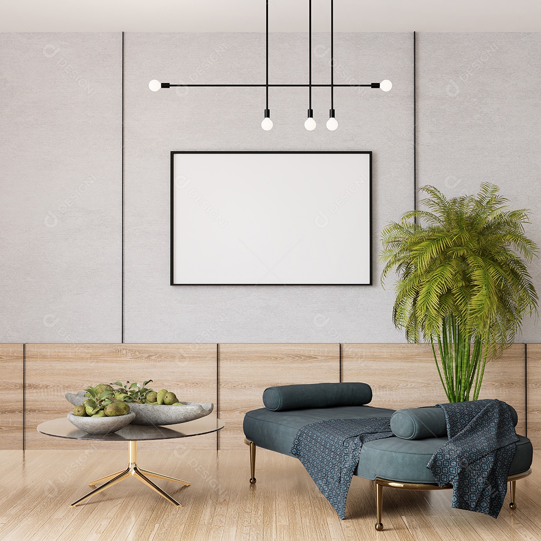 Ilustração 3D, moldura de maquete na parede da sala de estar, interior confortável com sofá de luxo e móveis bonitos, renderização