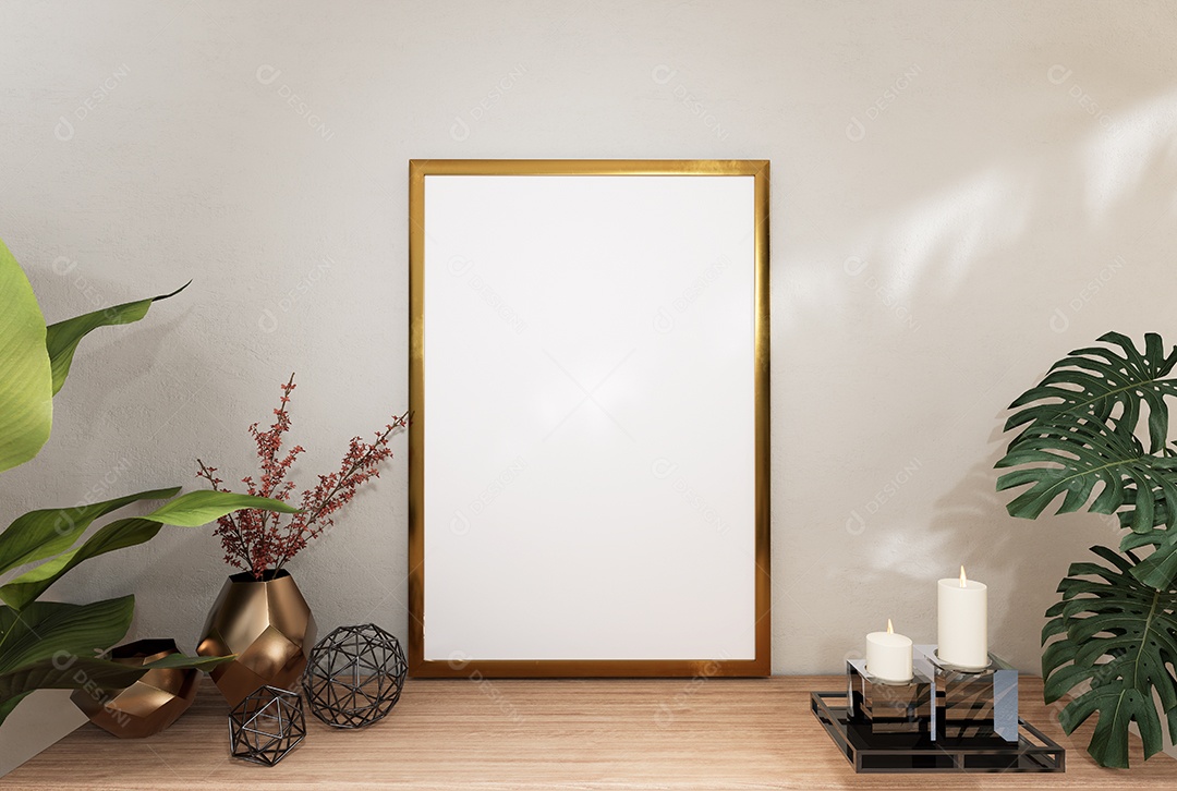 Ilustração 3D, moldura de maquete na parede da sala de estar, interior confortável com móveis de luxo e decoração em estilo minimalista com planta de casa em vaso, renderização