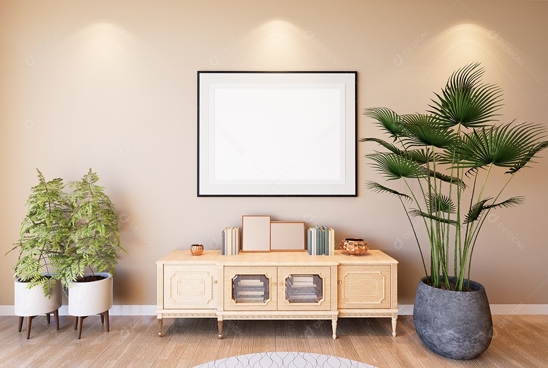 Ilustração 3D, moldura Mockup na parede da sala de estar, Interior com planta de casa, vasos e belos móveis, renderização